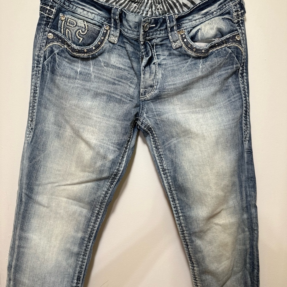 Women's Rock Revival "Ferry" Skinny Ankle Embroidered Blue Jeans Size 31 - Picture 4 of 8